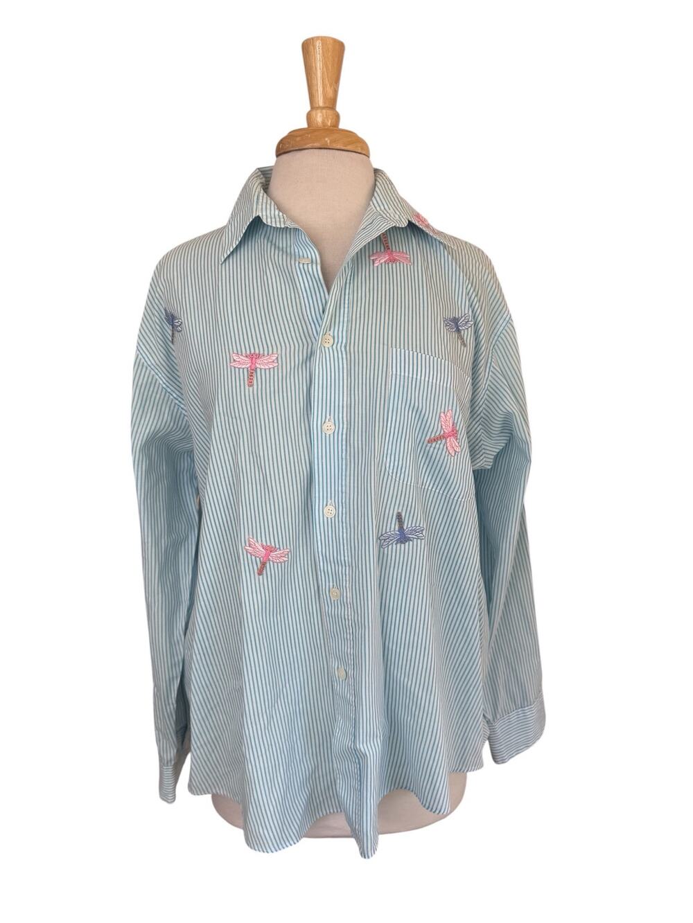 Vintage Whimsy Dragonfly Striped Button Up Shirt Size Large Women’s MILI DESIGNS